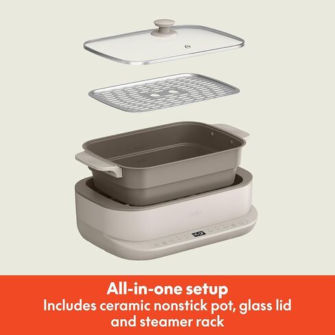 بيلا طباخ متعدد 6.0 كيو تي، طلاء سيراميك غير لاصق، 4 في 1 متعدد الاستخدامات، 4 وظائف للطهي، طهي بطيء، احرق، مقلي، بخار، يخدم 7 أشخاص، وعاء آمن للغسل في غسالة الأطباق وغطاء من الزجاج المقسى، لف سلك خالٍ من التشابك، حليب الشوفان in Kuwait