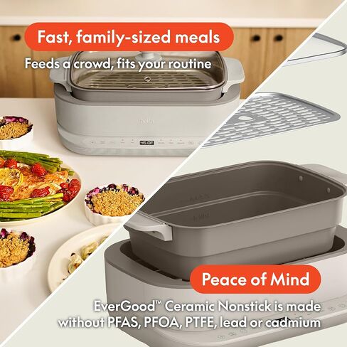 بيلا طباخ متعدد 6.0 كيو تي، طلاء سيراميك غير لاصق، 4 في 1 متعدد الاستخدامات، 4 وظائف للطهي، طهي بطيء، احرق، مقلي، بخار، يخدم 7 أشخاص، وعاء آمن للغسل في غسالة الأطباق وغطاء من الزجاج المقسى، لف سلك خالٍ من التشابك، حليب الشوفان in Kuwait