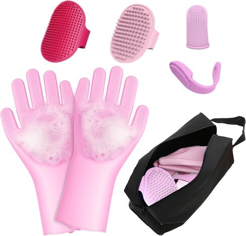 7-Piece Pet Grooming Kit with Storage Bag | Portable Bathing Set for Dogs & Cats | Includes Silicone Gloves, Deshedding Brushes & Finger Toothbrushes | All-in-One Pet Care (Pink) in Saudi Arabia