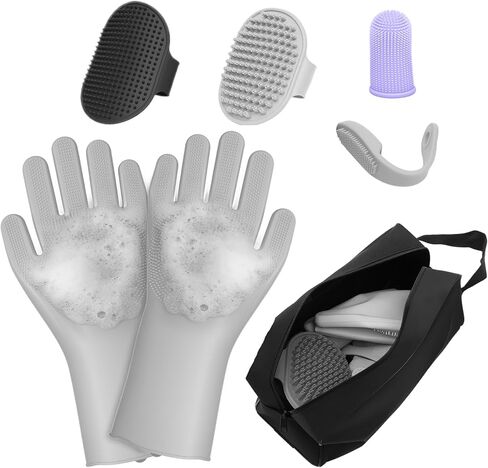7-Piece Pet Grooming Kit with Storage Bag | Portable Bathing Set for Dogs & Cats | Includes Silicone Gloves, Deshedding Brushes & Finger Toothbrushes | All-in-One Pet Care (Pink) in Saudi Arabia