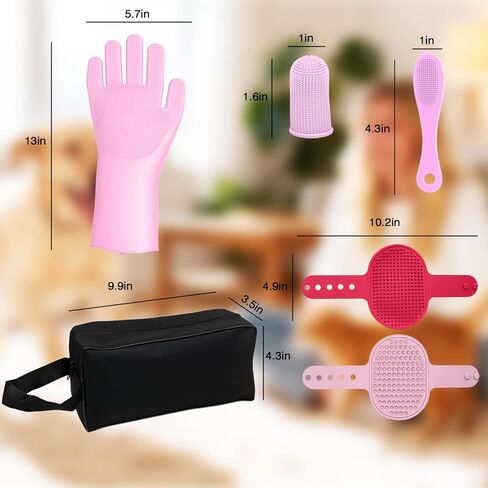 7-Piece Pet Grooming Kit with Storage Bag | Portable Bathing Set for Dogs & Cats | Includes Silicone Gloves, Deshedding Brushes & Finger Toothbrushes | All-in-One Pet Care (Pink) in Saudi Arabia