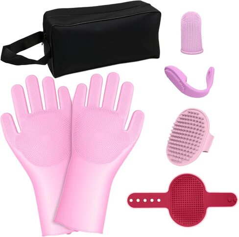 7-Piece Pet Grooming Kit with Storage Bag | Portable Bathing Set for Dogs & Cats | Includes Silicone Gloves, Deshedding Brushes & Finger Toothbrushes | All-in-One Pet Care (Pink) in Saudi Arabia