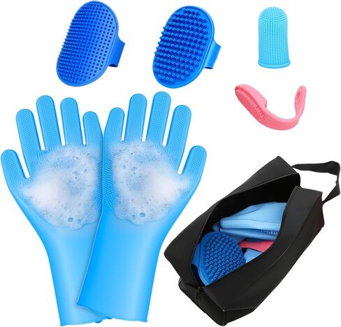 7-Piece Pet Grooming Kit with Storage Bag | Portable Bathing Set for Dogs & Cats | Includes Silicone Gloves, Deshedding Brushes & Finger Toothbrushes | All-in-One Pet Care (Pink) in Saudi Arabia