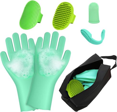 7-Piece Pet Grooming Kit with Storage Bag | Portable Bathing Set for Dogs & Cats | Includes Silicone Gloves, Deshedding Brushes & Finger Toothbrushes | All-in-One Pet Care (Pink) in Saudi Arabia