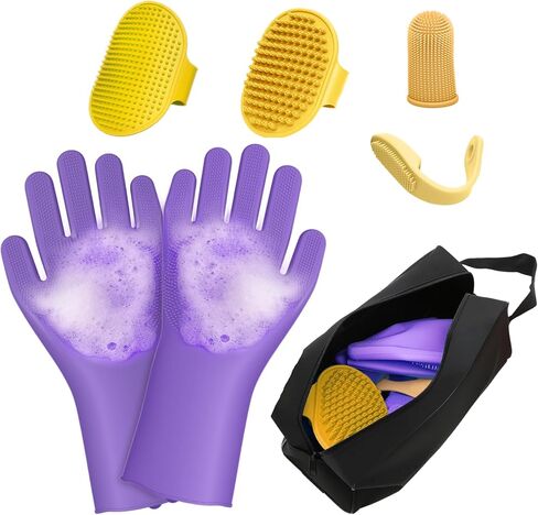 7-Piece Pet Grooming Kit with Storage Bag | Portable Bathing Set for Dogs & Cats | Includes Silicone Gloves, Deshedding Brushes & Finger Toothbrushes | All-in-One Pet Care (Pink) in Saudi Arabia