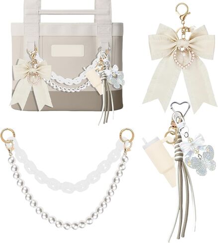 YPINGABS 7PCS Tote Bag Accessory Set for YETI Camino 20/35/50 & Bogg Bags, Pearl Bow Pendant, Acrylic Chain, Mini Tumbler Keychain, Butterfly Beaded Charms (White) in Saudi Arabia