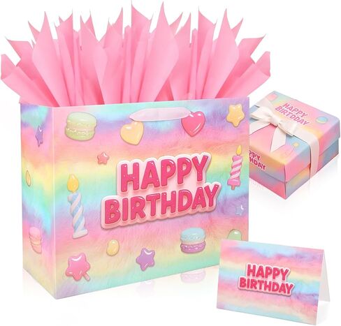 Vodolo 13" Happy Birthday Gift Bags with Tissue Paper Wrapping Paper and Card,Pink Gift Wrap Bags with handles for Women,Girls and Kid,Medium Reusable Happy Birthday Bag for Party in Saudi Arabia