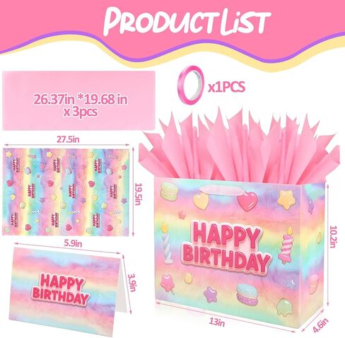 Vodolo 13" Happy Birthday Gift Bags with Tissue Paper Wrapping Paper and Card,Pink Gift Wrap Bags with handles for Women,Girls and Kid,Medium Reusable Happy Birthday Bag for Party in Saudi Arabia