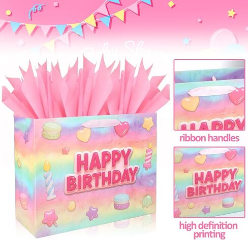 Vodolo 13" Happy Birthday Gift Bags with Tissue Paper Wrapping Paper and Card,Pink Gift Wrap Bags with handles for Women,Girls and Kid,Medium Reusable Happy Birthday Bag for Party in Saudi Arabia