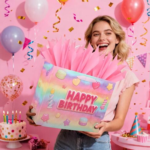 Vodolo 13" Happy Birthday Gift Bags with Tissue Paper Wrapping Paper and Card,Pink Gift Wrap Bags with handles for Women,Girls and Kid,Medium Reusable Happy Birthday Bag for Party in Saudi Arabia