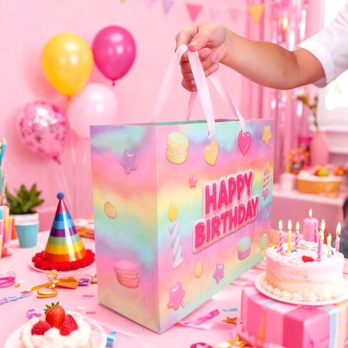 Vodolo 13" Happy Birthday Gift Bags with Tissue Paper Wrapping Paper and Card,Pink Gift Wrap Bags with handles for Women,Girls and Kid,Medium Reusable Happy Birthday Bag for Party in Saudi Arabia