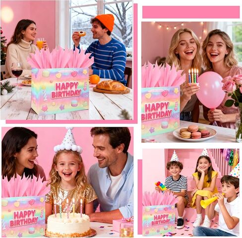 Vodolo 13" Happy Birthday Gift Bags with Tissue Paper Wrapping Paper and Card,Pink Gift Wrap Bags with handles for Women,Girls and Kid,Medium Reusable Happy Birthday Bag for Party in Saudi Arabia