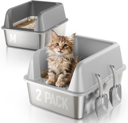 2 Pack Stainless Steel Cat Litter Box for Kitty with Lid, High Sides Metal Litter Pan for Small & Multiple Cats, Odor Control, Easy to Clean, Non-Sticky, Scoops Included in Kuwait
