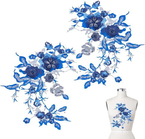 2PCS 3D Embroidered Flower Fabric Beaded Lace Applique Blue Cloth Appliques Sew On Patches Handmade Sewing Tool for Wedding Bridal Dress DIY Crafts Clothing Accessories in Saudi Arabia