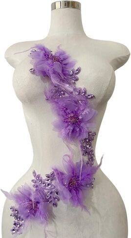 2 Pieces Luxury Feather Decorative Patches Rhinestones Trimming Three-Dimensional Applique Creative Design Dress Accessories (Violet) in Saudi Arabia