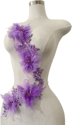 2 Pieces Luxury Feather Decorative Patches Rhinestones Trimming Three-Dimensional Applique Creative Design Dress Accessories (Violet) in Saudi Arabia