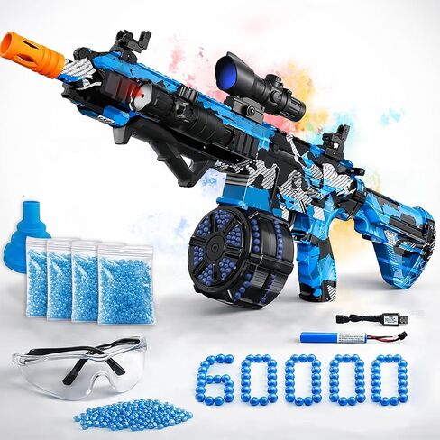 قاذف كرات جل كهربائي، قاذف كرات رش أوتوماتيكي عالي السرعة مع أكثر من 60000 ونظارات واقية، ألعاب كرة رش قابلة لإعادة الشحن من JIFTOK للأنشطة الخارجية ألعاب الرماية للحفلات - أزرق أسود in Kuwait