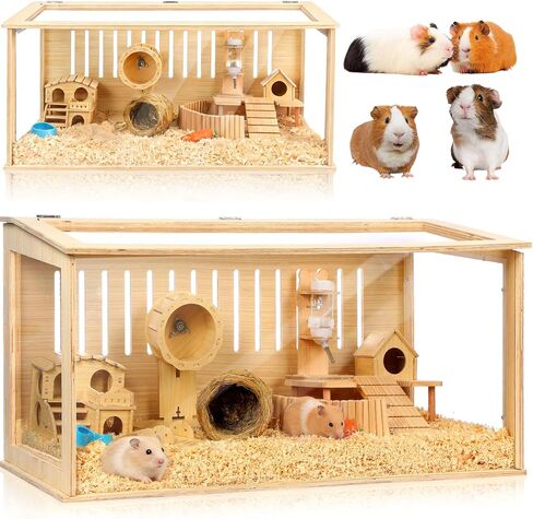14 in 1 Wooden Hamster Cage 32 Inch Guinea Pig Cages with Wooden House Water Bottle Wheel More Guinea Pig Cage Accessories Large Hamster Cages and Habitats Acrylic Openable Top for Small Animal in Saudi Arabia