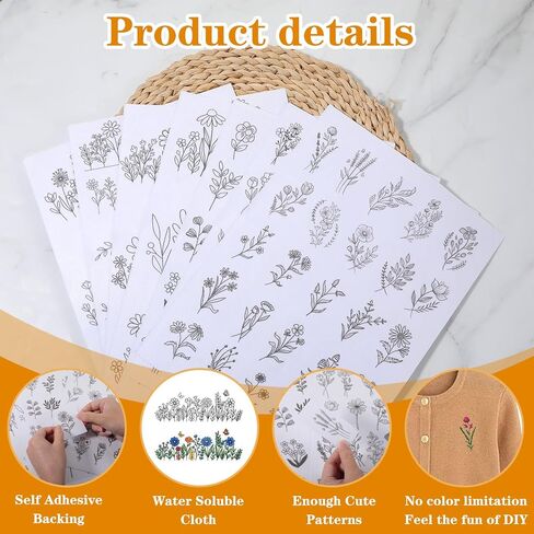 YBEATY 100 Pcs Water Soluble Stabilizer Embroidery Patterns Stick Stitch Embroidery Paper Flower Floral Daisy Butterfly Designs Wash Away Pre-Printed Transfer Paper for Hand Sewing Lover Beginners in Saudi Arabia