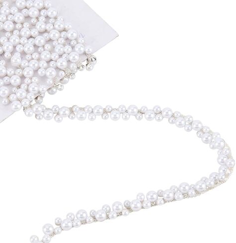 2 Yards Pearl Trim Chain String Silver Applique Fringe Ribbon Strips Beads Sewing Dress DIY Party Wedding Bouquet for Bridal Embellishment Sewing Applique Craft Halloween Dress Decor in Saudi Arabia