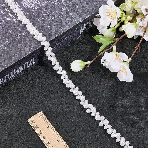 2 Yards Pearl Trim Chain String Silver Applique Fringe Ribbon Strips Beads Sewing Dress DIY Party Wedding Bouquet for Bridal Embellishment Sewing Applique Craft Halloween Dress Decor in Saudi Arabia