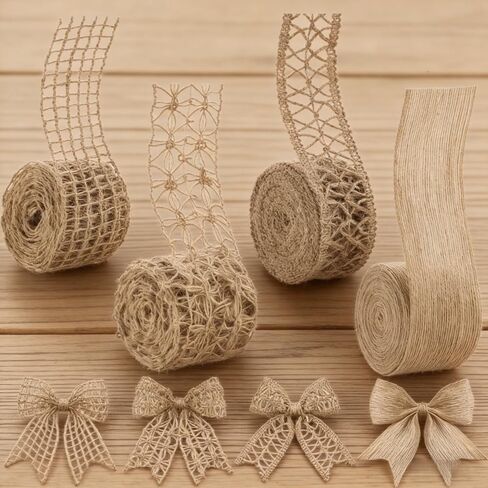 Hemp Rope Lace Ribbon, 4 Rolls 5 cm Wide Natural Woven Trim, Earth Beige with White Pattern for DIY, Wedding, Gift Wrap, Mixed in Saudi Arabia