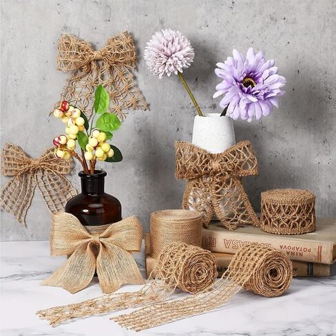 Hemp Rope Lace Ribbon, 4 Rolls 5 cm Wide Natural Woven Trim, Earth Beige with White Pattern for DIY, Wedding, Gift Wrap, Mixed in Saudi Arabia