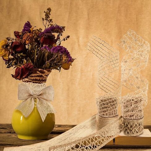 Hemp Rope Lace Ribbon, 4 Rolls 5 cm Wide Natural Woven Trim, Earth Beige with White Pattern for DIY, Wedding, Gift Wrap, Mixed in Saudi Arabia