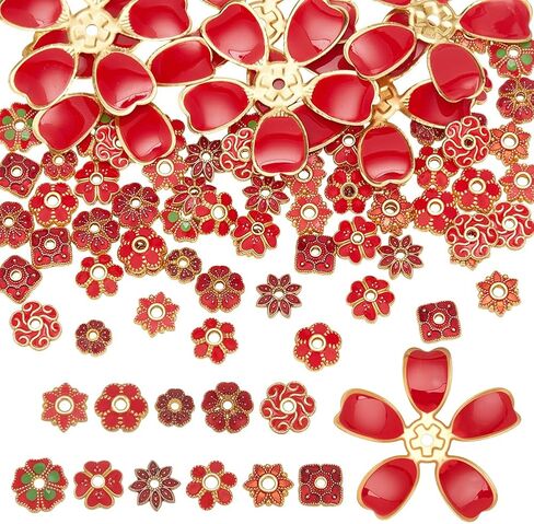 PH PandaHall 72pcs 12 أنماط المينا زهرة حبة قبعات، زهرة حمراء الخرز نهاية قبعات فاصل الخرز الملونة الأزهار الفواصل المسطحة لأساور القرط قلادة المجوهرات DIY الحرف اليدوية صنع in Kuwait