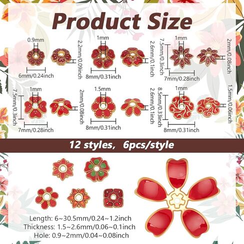 PH PandaHall 72pcs 12 أنماط المينا زهرة حبة قبعات، زهرة حمراء الخرز نهاية قبعات فاصل الخرز الملونة الأزهار الفواصل المسطحة لأساور القرط قلادة المجوهرات DIY الحرف اليدوية صنع in Kuwait