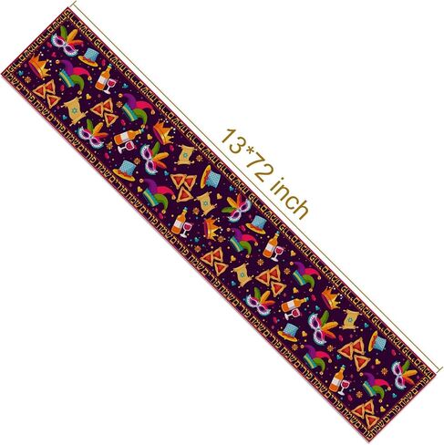 Happy Purim Table Runner Jewish Holiday Carnival Party Circus Clown Table Cover Hamantaschen Hat Masque Gragger Tablecloth Linen for Indoor Outdoor Birthday Holiday Party Kitchen Home Table Decor in Saudi Arabia
