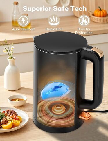 غلاية كهربائية، جدار مزدوج 1.7 لتر من الفولاذ المقاوم للصدأ، غلاية مياه وسخان، إبريق شاي ساخن 1500 واط، حماية من الغليان الجاف وقاعدة لاسلكية، خالية من مادة BPA، سوداء in Kuwait