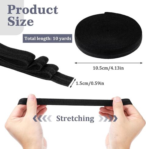 Wide Elastic Ribbon Band 10 Yard 0.6'' Solid Color Sewing Fold Over Elastic Stretch Ribbon Spool for Sewing Fold Over 0.6 Inch Cotton Tape Trim for Clothes Waistband, Wigs(Black) in Kuwait