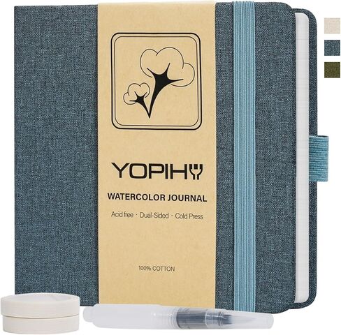دفتر رسم بالألوان المائية من الكتان الفاخر من Yopih Artists، دفتر ألوان مائية مقاس 5.5 بوصة × 5.5 بوصة مع ورق قطني مضغوط على البارد 300 جرام في المتر المربع، 24 ورقة/48 صفحة، مجلة فنية مثالية لأقلام التحديد والباستيل الزيتي، كحلي in Kuwait