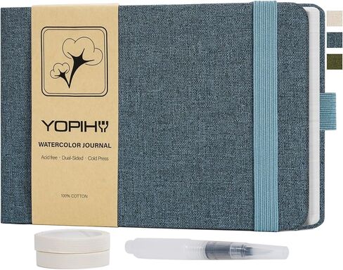 دفتر رسم بالألوان المائية من الكتان الفاخر من Yopih Artists، دفتر ألوان مائية مقاس 5.5 بوصة × 5.5 بوصة مع ورق قطني مضغوط على البارد 300 جرام في المتر المربع، 24 ورقة/48 صفحة، مجلة فنية مثالية لأقلام التحديد والباستيل الزيتي، كحلي in Kuwait