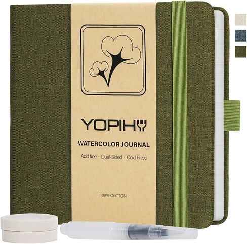 دفتر رسم بالألوان المائية من الكتان الفاخر من Yopih Artists، دفتر ألوان مائية مقاس 5.5 بوصة × 5.5 بوصة مع ورق قطني مضغوط على البارد 300 جرام في المتر المربع، 24 ورقة/48 صفحة، مجلة فنية مثالية لأقلام التحديد والباستيل الزيتي، كحلي in Kuwait