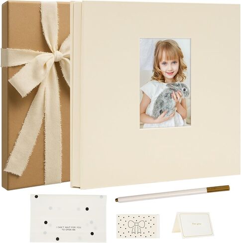 Vienrose Self Adhesive Photo Album Gift Set, Linen Cover Scrapbook with DIY Window, Holds 4x6 5x7 8x10 Photos, 30 Sheets 60 Pages for Family Wedding Baby, Includes Pen, Card, Lace Strap, Pink in Saudi Arabia
