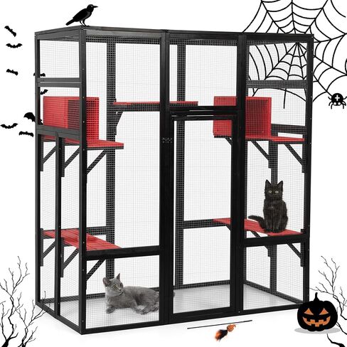 COZIWOW Large 70inches Outdoor Catio, Indoor Cat Cage House with Waterproof Roof, 5 Perches & 2 Condos, Spacious Wooden Cat Enclosure for 2-3 Cats, Stable & Breathable (Grey) in Saudi Arabia