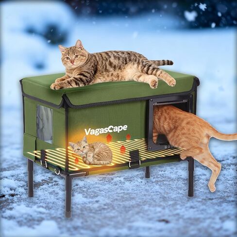 Heated Cat House for Outdoor in Winter, Insulated Weatherproof Cat Shelter with Heating Pad and Safe Escape Door, Waterproof Warm Home for Outside Barn Feral Stray Cat（Green） in Saudi Arabia
