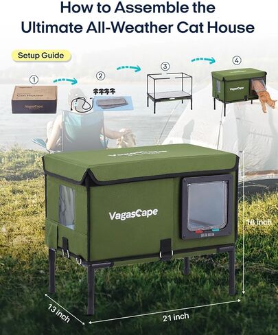 Heated Cat House for Outdoor in Winter, Insulated Weatherproof Cat Shelter with Heating Pad and Safe Escape Door, Waterproof Warm Home for Outside Barn Feral Stray Cat（Green） in Saudi Arabia