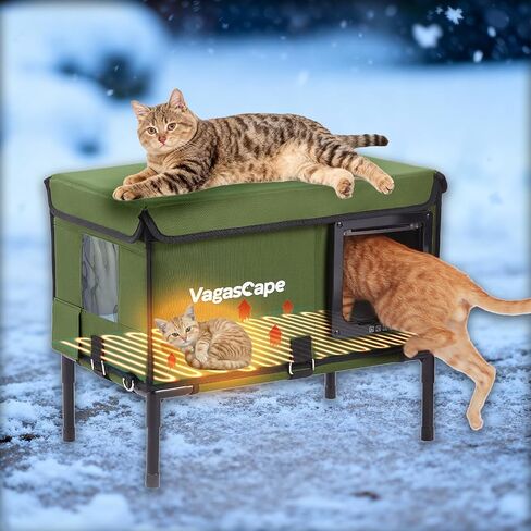 Heated Cat House for Outdoor in Winter, Insulated Weatherproof Cat Shelter with Heating Pad and Safe Escape Door, Waterproof Warm Home for Outside Barn Feral Stray Cat（Green） in Saudi Arabia