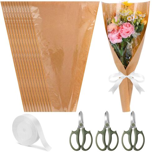 Lanties 54 Pcs Flower Wrapping Sleeves 18 x 9.8 in Kraft Back Clear Front Bouquet Bags with Ribbons and Floral Scissors Florist Wrapping Supplies for Graduation Wedding DIY Flower Arrangement in Saudi Arabia