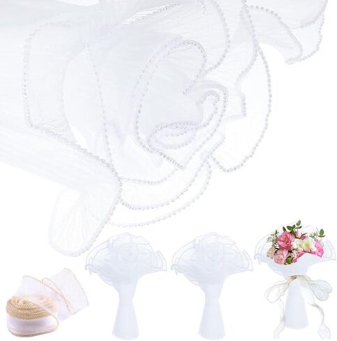 4 Yards Pearl Mesh for Bouquets, 3 Pack Pearl Edge Wrinkled Flower Mesh and 1 Pack Golden Edged Fishtail Yarn for Flower Bouquet DIY Crafts Decorations in Kuwait