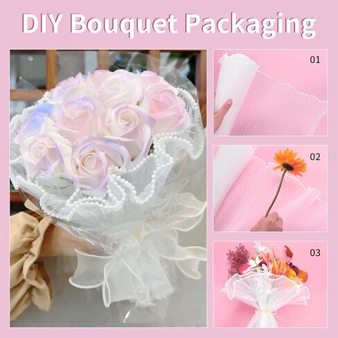 4 Yards Pearl Mesh for Bouquets, 3 Pack Pearl Edge Wrinkled Flower Mesh and 1 Pack Golden Edged Fishtail Yarn for Flower Bouquet DIY Crafts Decorations in Kuwait