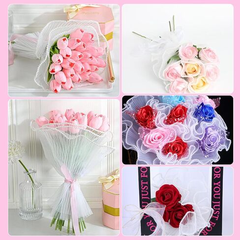 4 Yards Pearl Mesh for Bouquets, 3 Pack Pearl Edge Wrinkled Flower Mesh and 1 Pack Golden Edged Fishtail Yarn for Flower Bouquet DIY Crafts Decorations in Kuwait