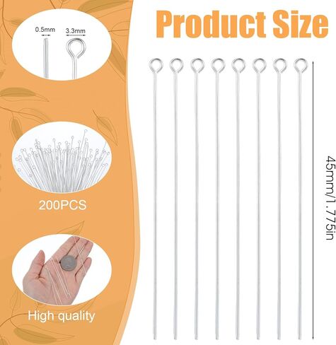 200Pcs Eyepins for Jewelry Making 45mm/1.77In, Silver Stainless Steel Open Eye Pins, Head Pins Flat Eye Pin for Jewelry Making DIY Craft Earring Bracelet Necklace Pendant Supplies in Saudi Arabia