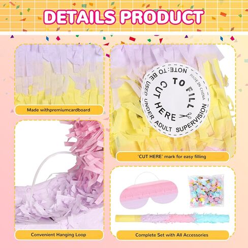 Piñata Set for Kids Party - Full Party Game Kit with Hitting Stick, Blindfold & Confetti Filler, Perfect for Birthday Party Decorations for Boys and Girls - Pop Pop Pinata, Macaron colors... in Saudi Arabia