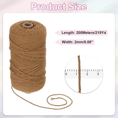 حبل مكرامية طبيعي من HARFINGTON مقاس 2 مم × 220 ياردة 3 جدائل من القطن الملتوي من أجل شماعة جدارية للنباتات DIY صائد الأحلام، بني متوسط in Kuwait