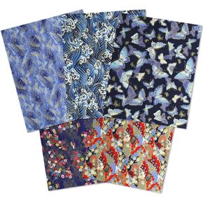 Blue Japanese Flower Butterfly Print Fat Quarters Fabric Bundles - 5Pcs, 50x40cm/19.7x15.7in Cotton Japanese Polyester Quilting Fabric for Sewing Furoshiki Wrapping Artcraft DIY in Kuwait