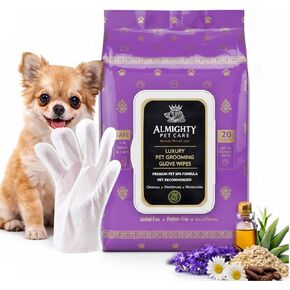 Almighty – Premium Pet Grooming Glove Wipes for Dogs & Cats | 20 Count | Instant Bath Cleaning Glove | Ultra-Thick, Hydrating & Nourishing | Deodorizing, Hypoallergenic, No-Rinse – Lavender Scent in Kuwait